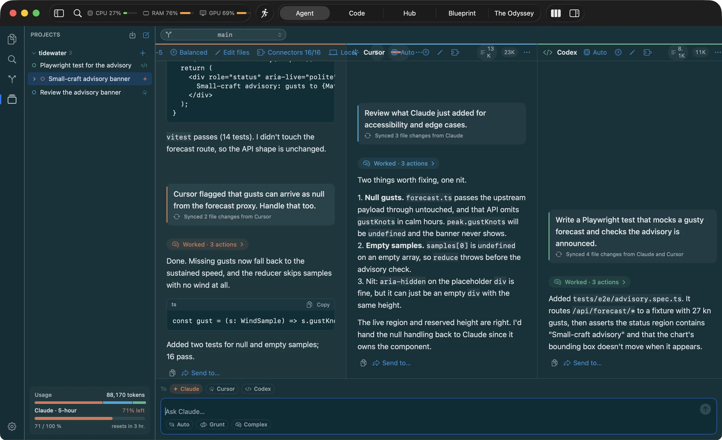 Agent mode side by side: Claude, Cursor and Codex in columns on the same project. Claude built an advisory banner, Cursor reviewed it and found two edge cases, Codex wrote the Playwright test