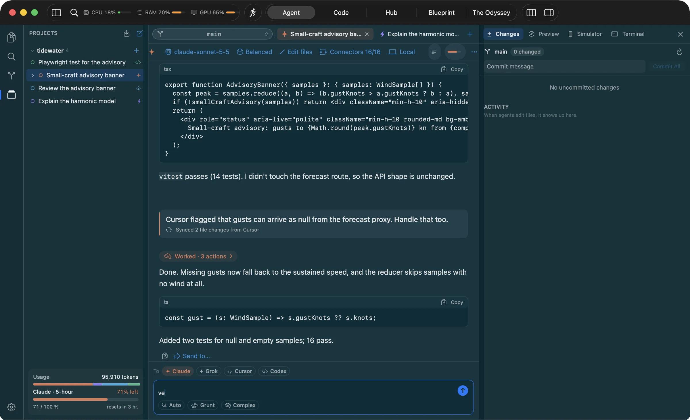 Agent mode in Lazarus: Claude's reply to a request for an accessible small-craft advisory banner, with its tool steps, and a Changes inspector listing the files it edited