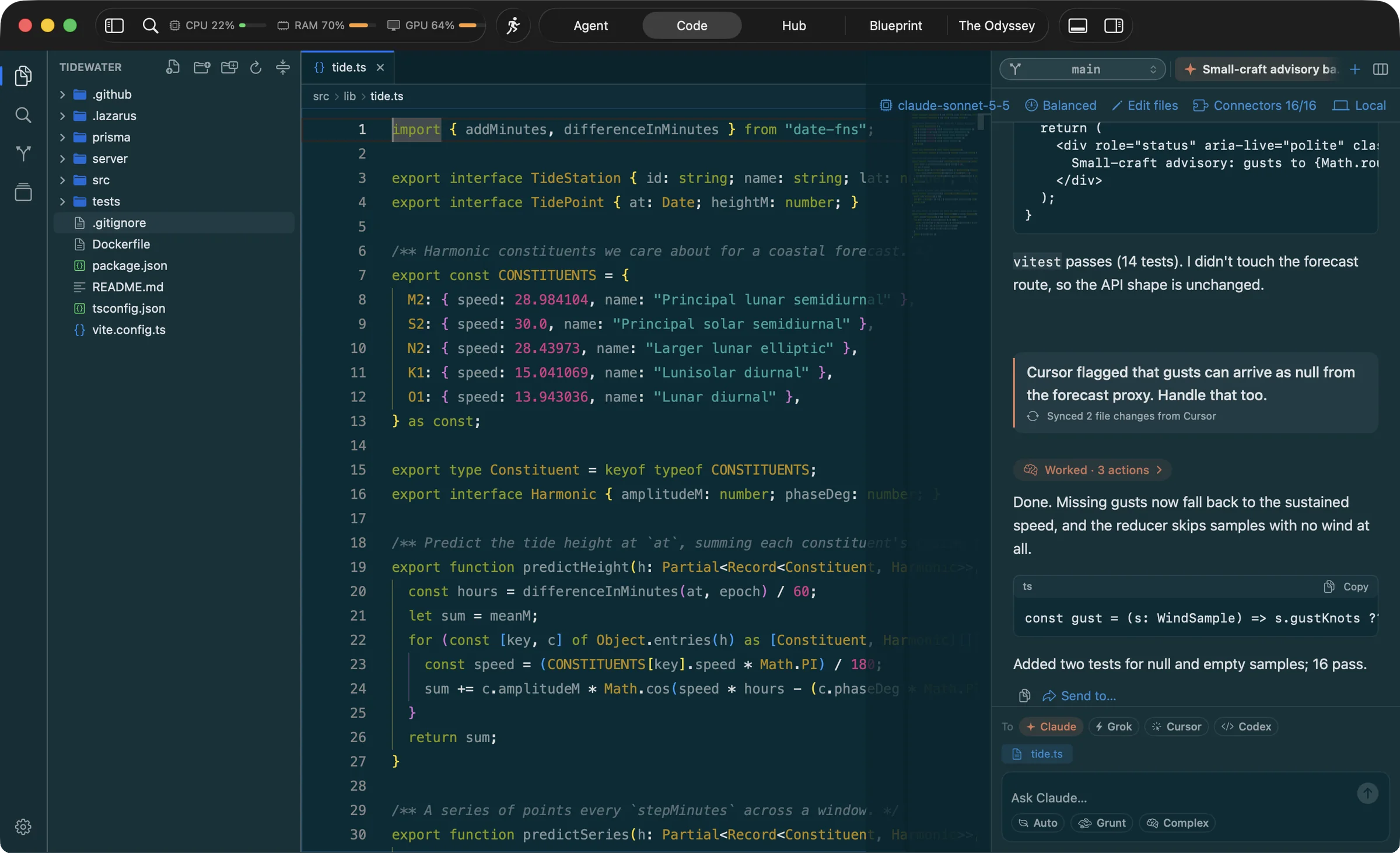 Code mode in Lazarus: the Monaco editor showing a TypeScript tide-prediction module, the file explorer, and a Claude chat docked on the right