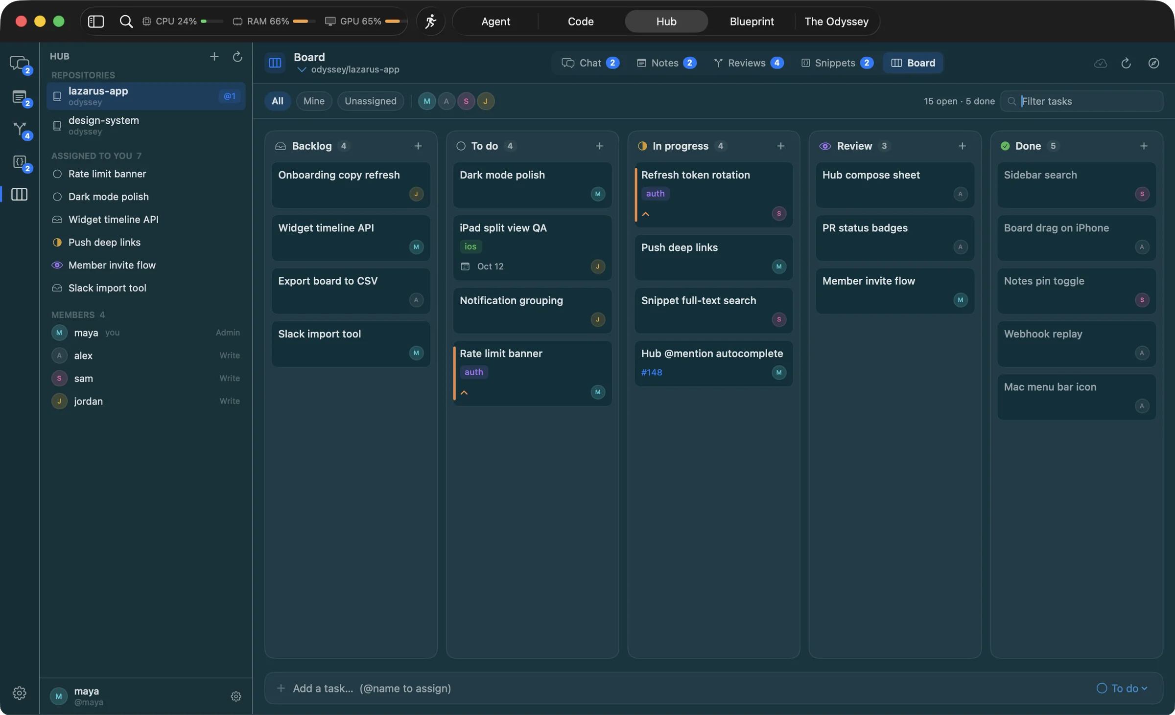 The Hub's task board in Lazarus: Backlog, To do, In progress, Review and Done columns with assigned cards, labels and due dates