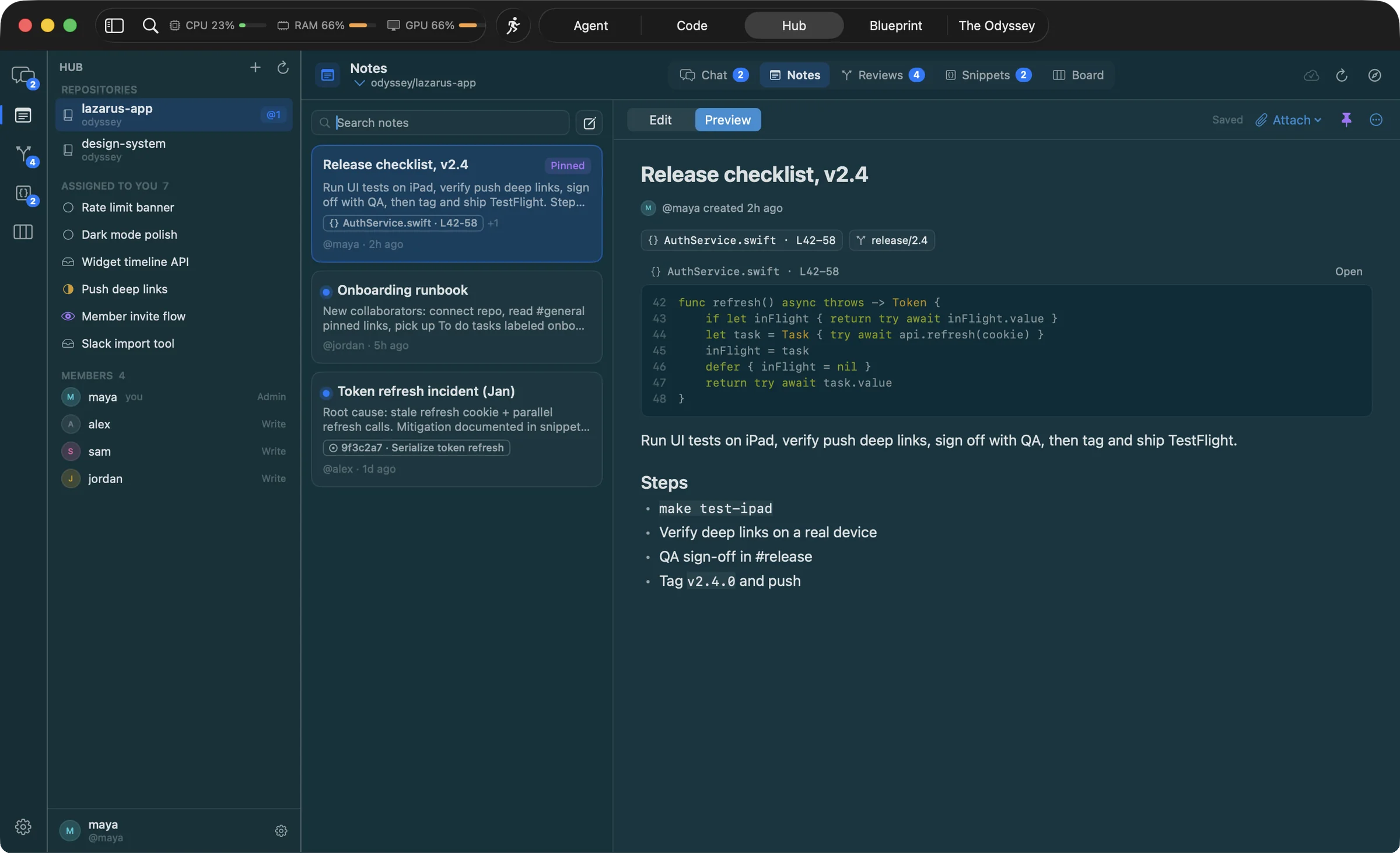 Hub notes: a pinned release checklist with an attached code excerpt and branch, rendered as Markdown