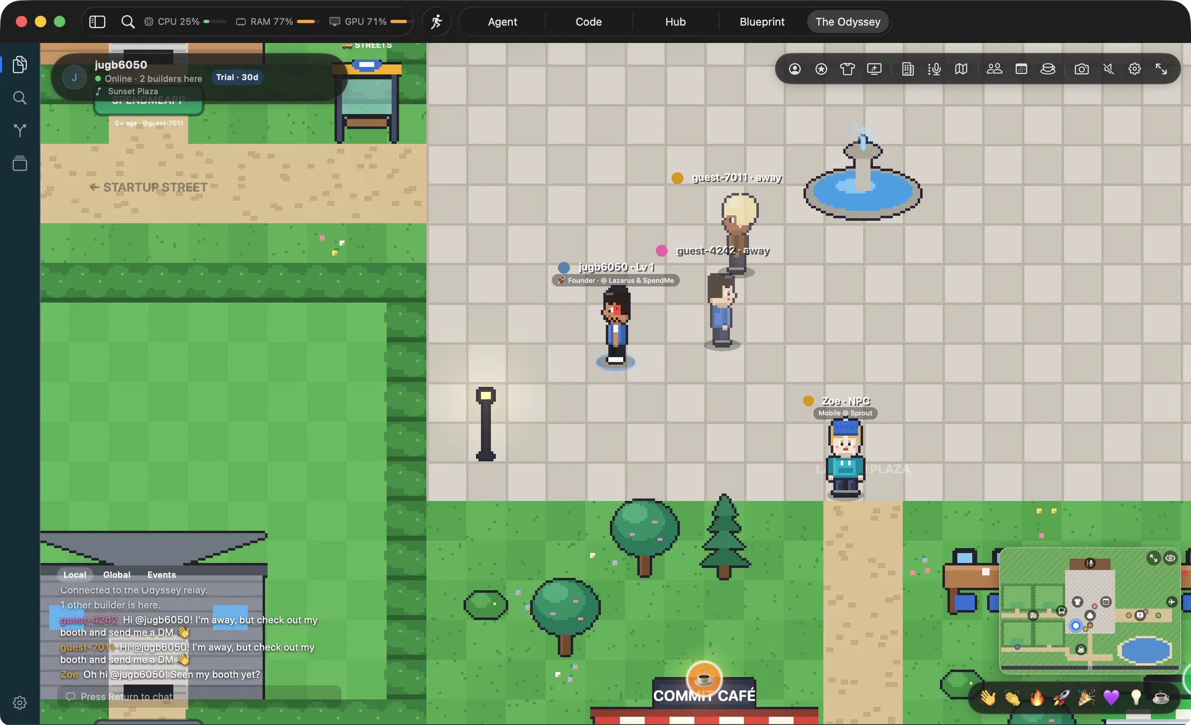 A preview of The Odyssey, coming soon to Lazarus: a pixel-art park with the Commit Café, arcade machines, builders chatting and a minimap